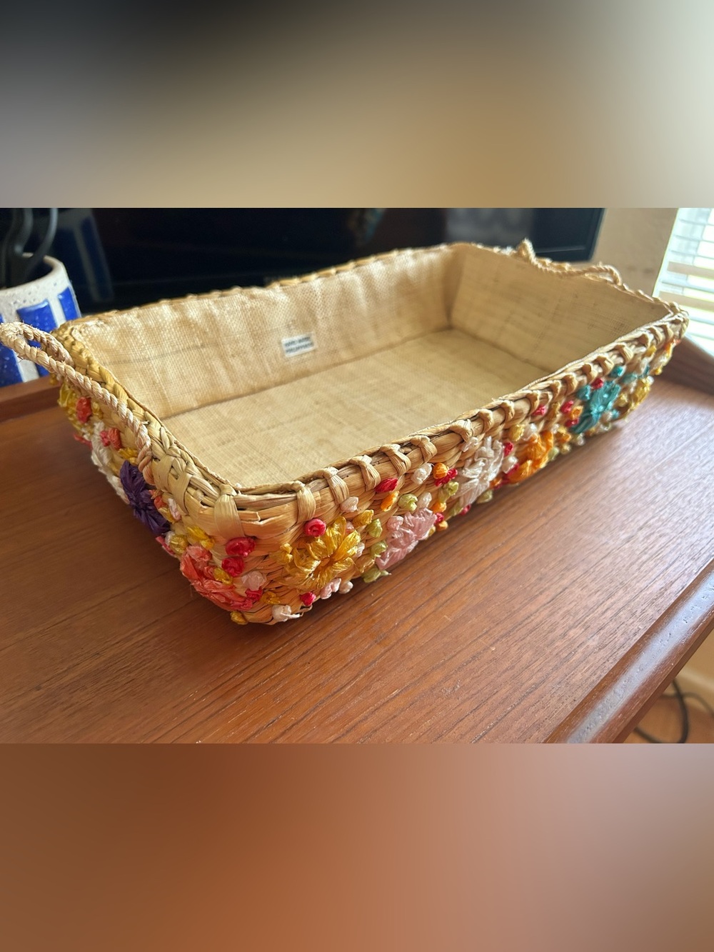 Vintage Handwoven Natural Seagrass bakset with Multicolor Floral Trim